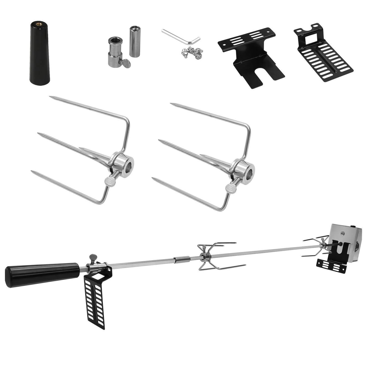 Edelstahl Grillspieß Set 107cm BBQ Fleischklammer mit Motor inkl. 2X Fleischnadeln, 220V - 240V, Elektrischer Drehspieß, Rotisserie, Drehspiess