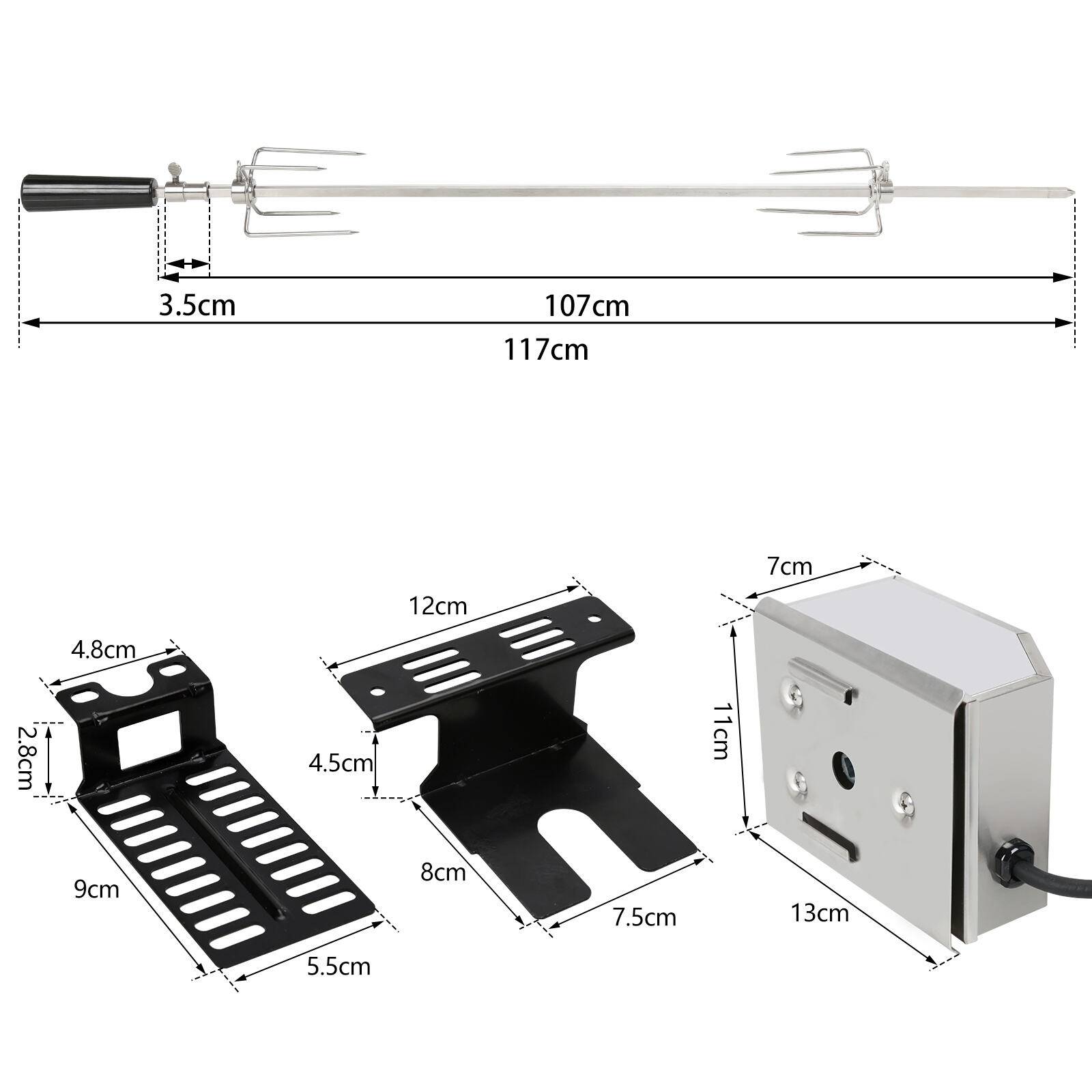 Edelstahl Grillspieß Set 107cm BBQ Fleischklammer mit Motor inkl. 2X Fleischnadeln, 220V - 240V, Elektrischer Drehspieß, Rotisserie, Drehspiess