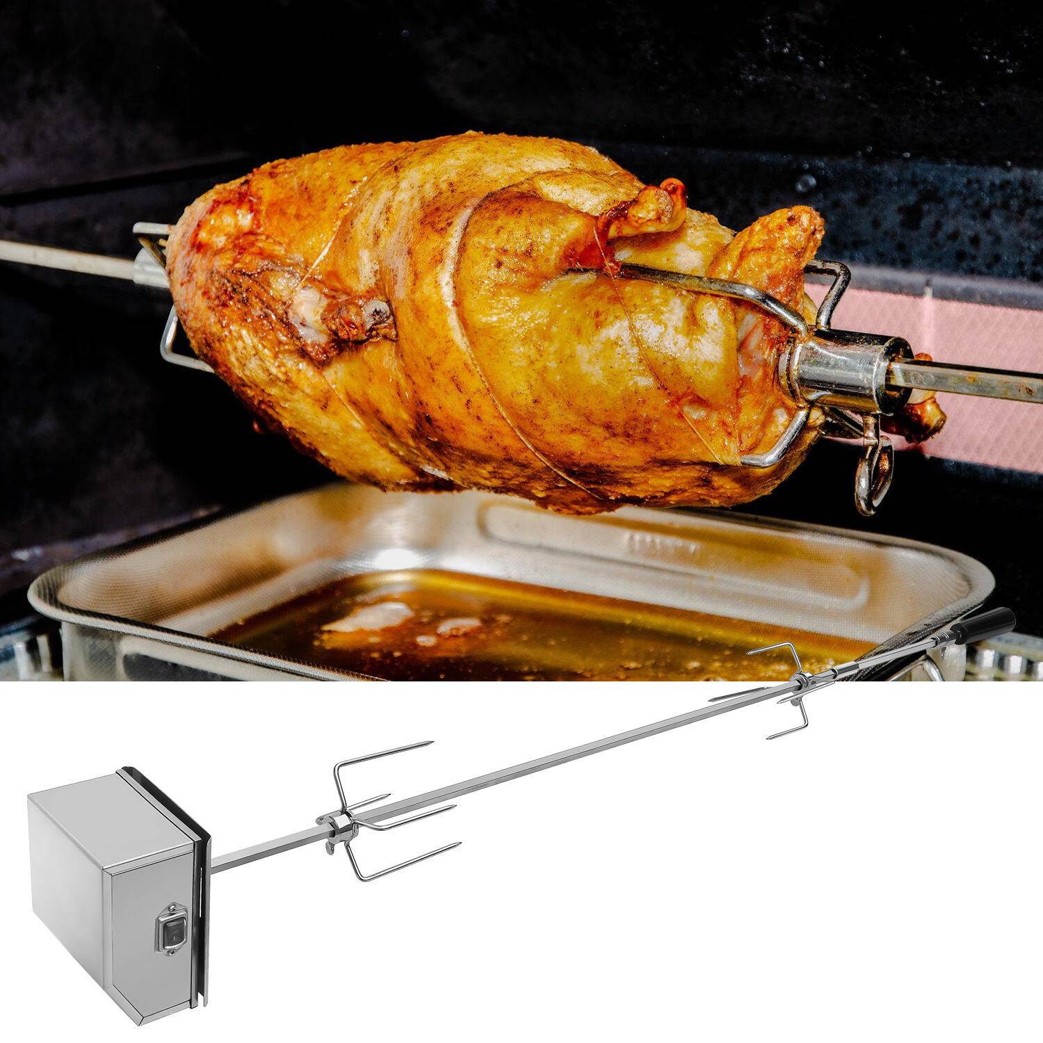 Edelstahl Grillspieß Set 107cm BBQ Fleischklammer mit Motor inkl. 2X Fleischnadeln, 220V - 240V, Elektrischer Drehspieß, Rotisserie, Drehspiess