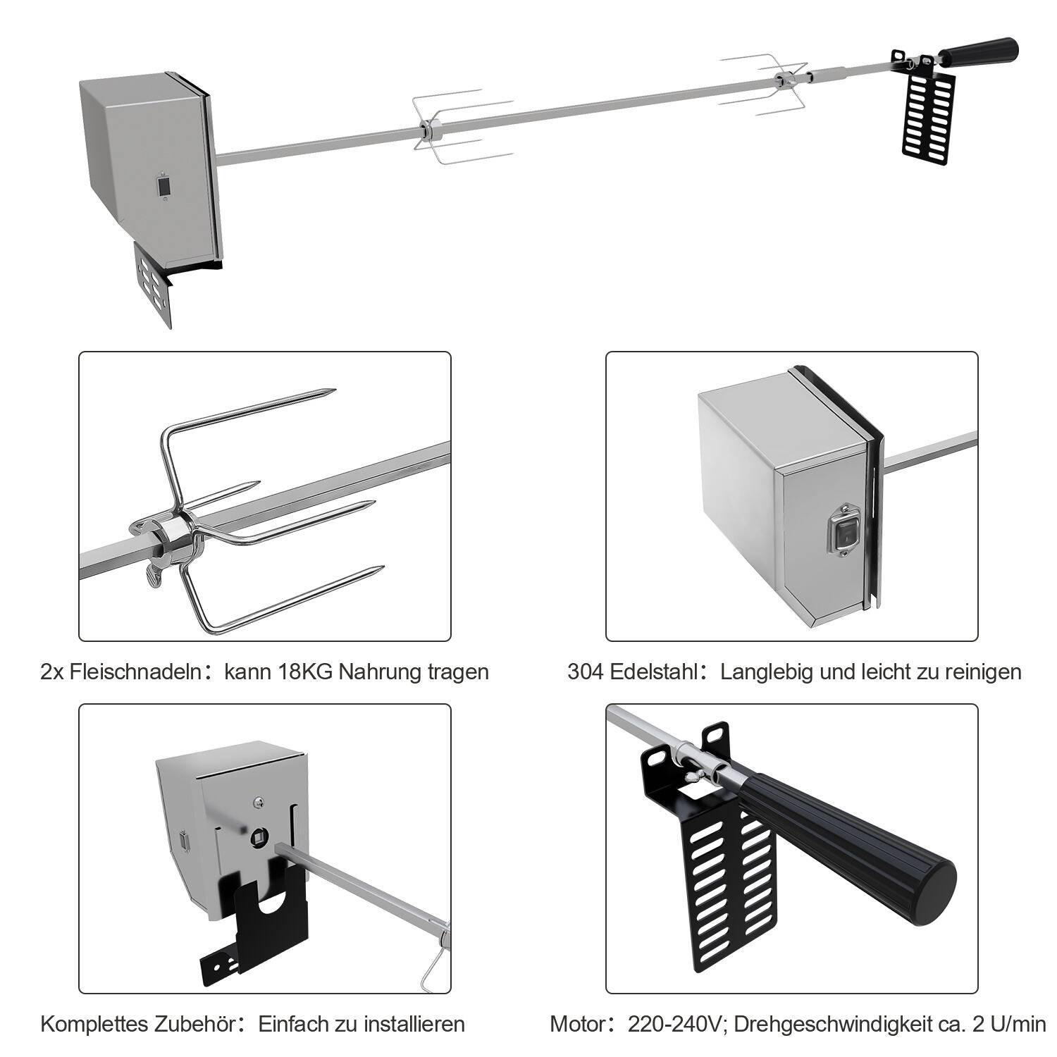 Edelstahl Grillspieß Set 107cm BBQ Fleischklammer mit Motor inkl. 2X Fleischnadeln, 220V - 240V, Elektrischer Drehspieß, Rotisserie, Drehspiess