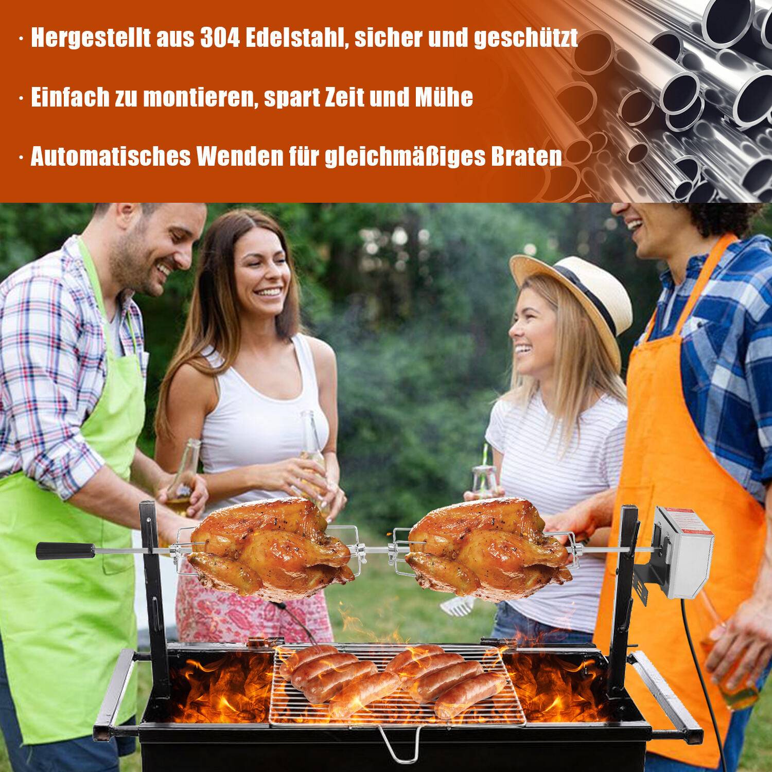 Grillspieß Set mit Motor 117cm drehspieß,304 Edelstahl Grillspieß Rotisserie 220V - 240V inkl.4X Fleischnadeln Universal Grillspiess