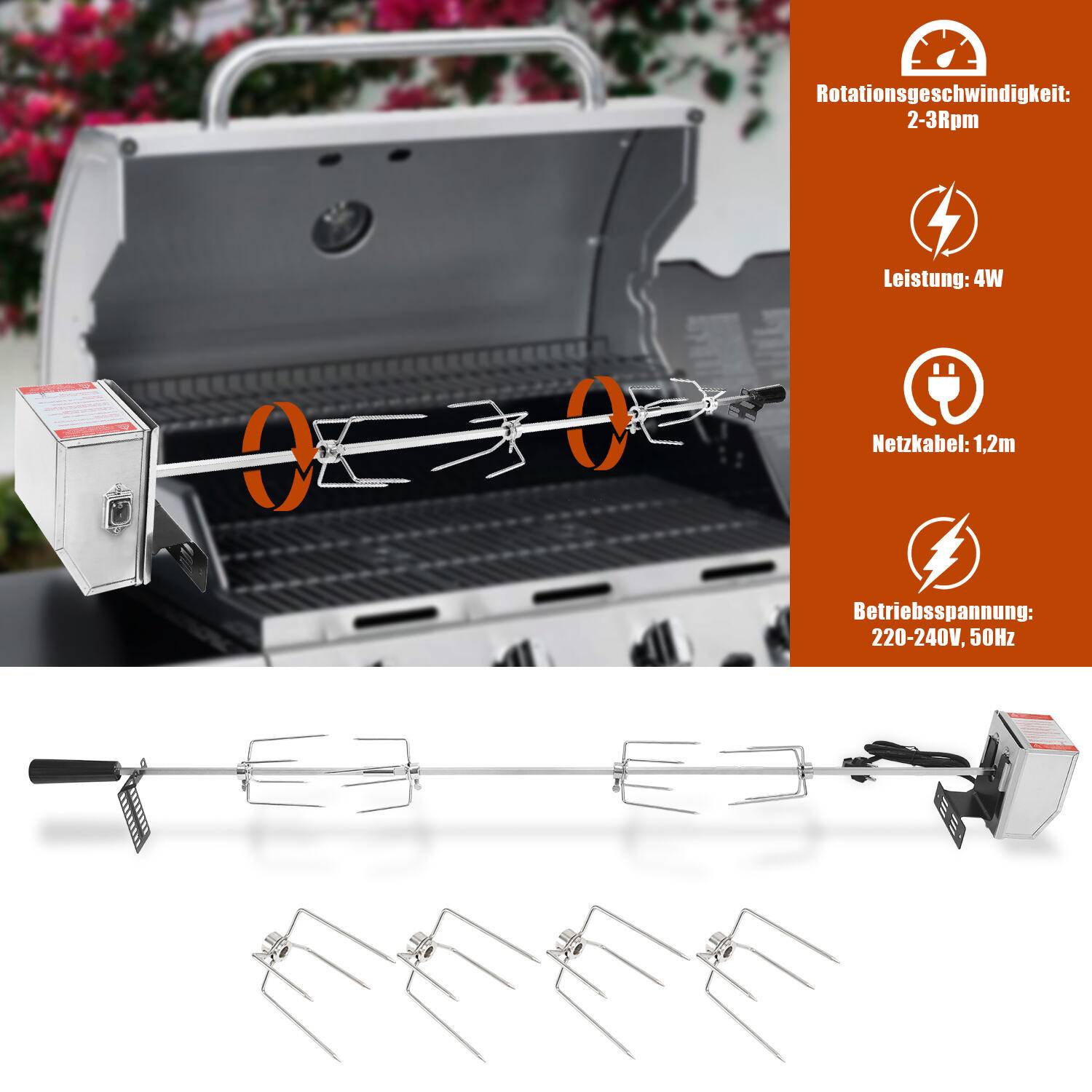 Grillspieß Set mit Motor 117cm drehspieß,304 Edelstahl Grillspieß Rotisserie 220V - 240V inkl.4X Fleischnadeln Universal Grillspiess