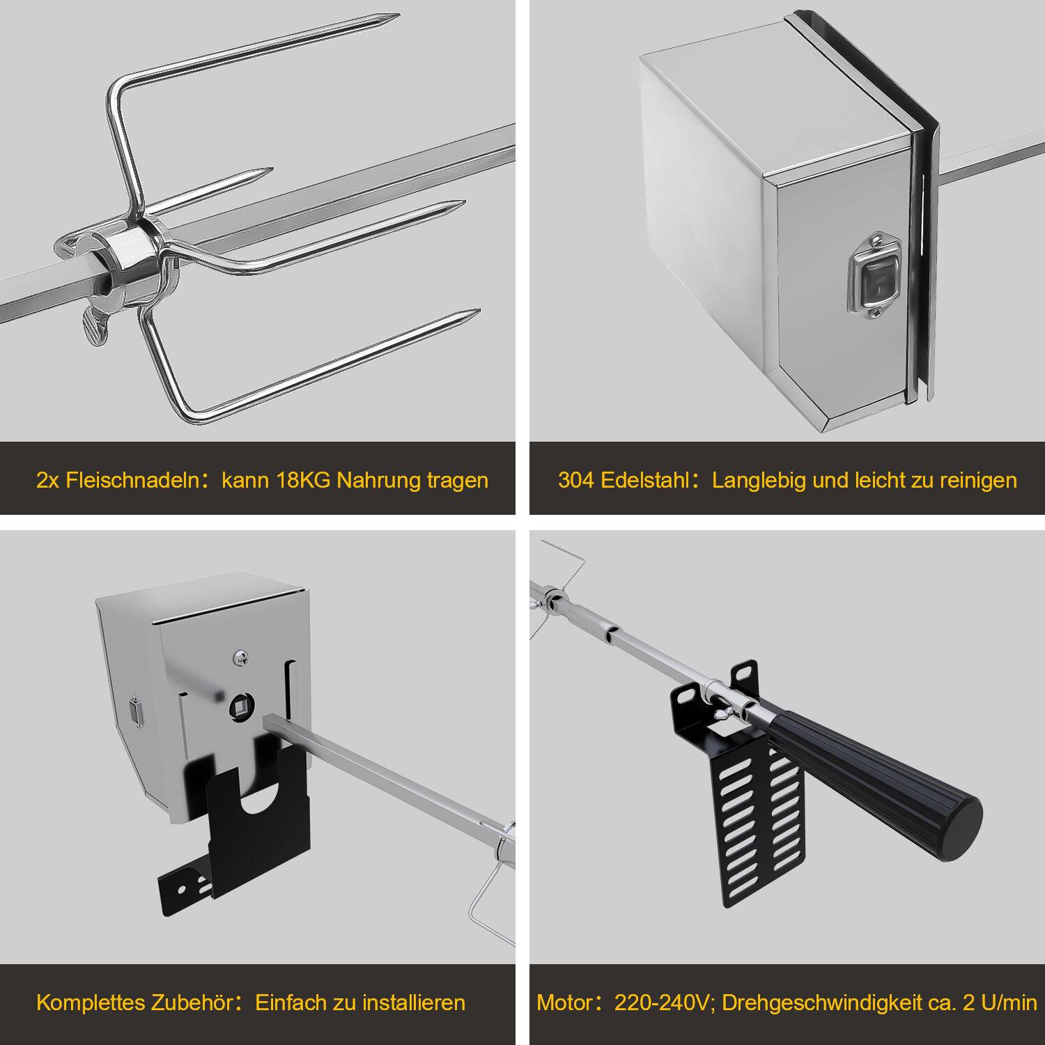 Edelstahl Grillspieß Set 107cm mit Motor inkl. Fleischnadeln Elektrischer Drehspieß, Elektrisch Grillbräter, Grillrost mit 2 Fleischgabel, (220V