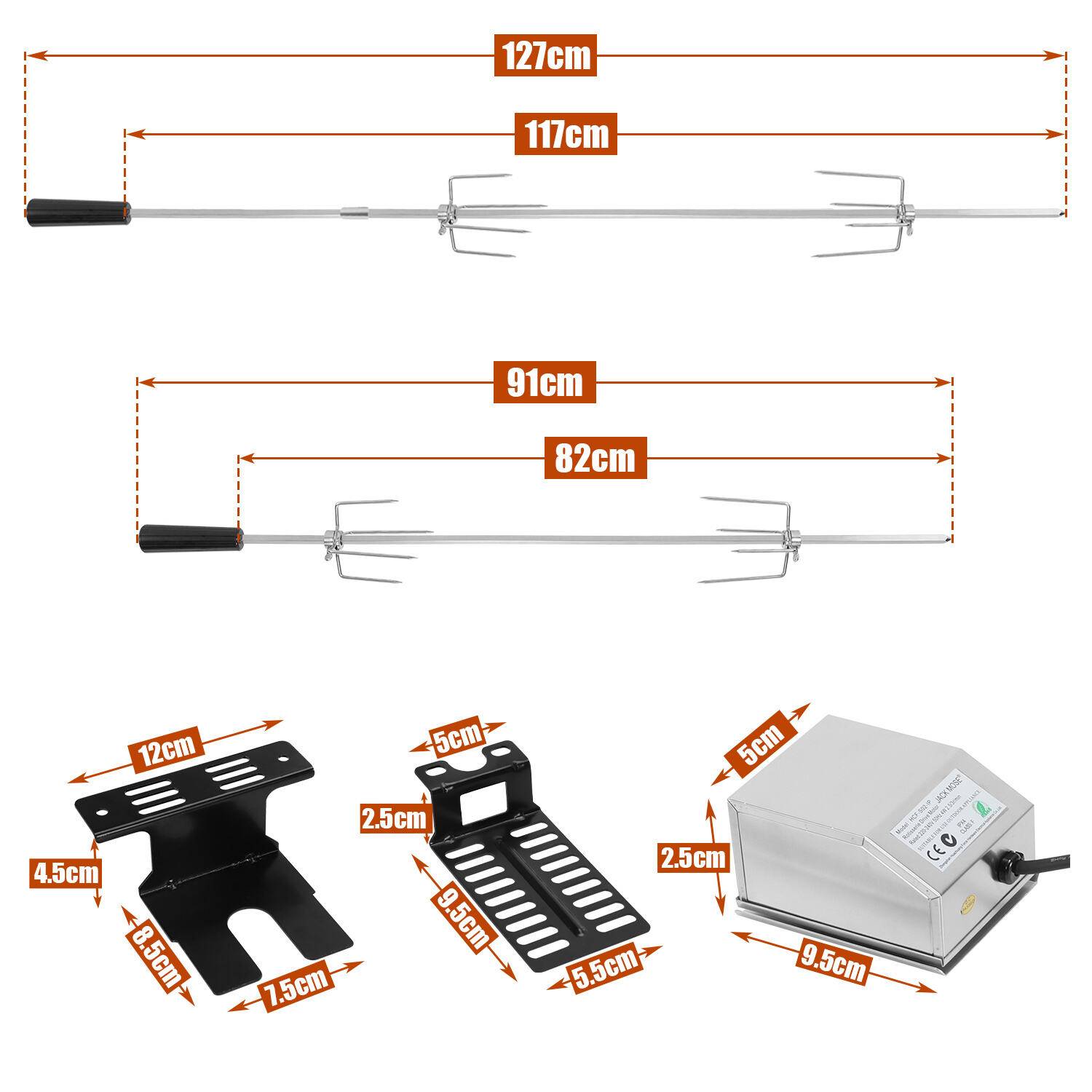 Edelstahl Grillspieß Set 117cm mit Motor inkl. Fleischnadeln Elektrischer Drehspieß, Elektrisch Grillbräter, Grillrost mit 4 Fleischgabel, (220V