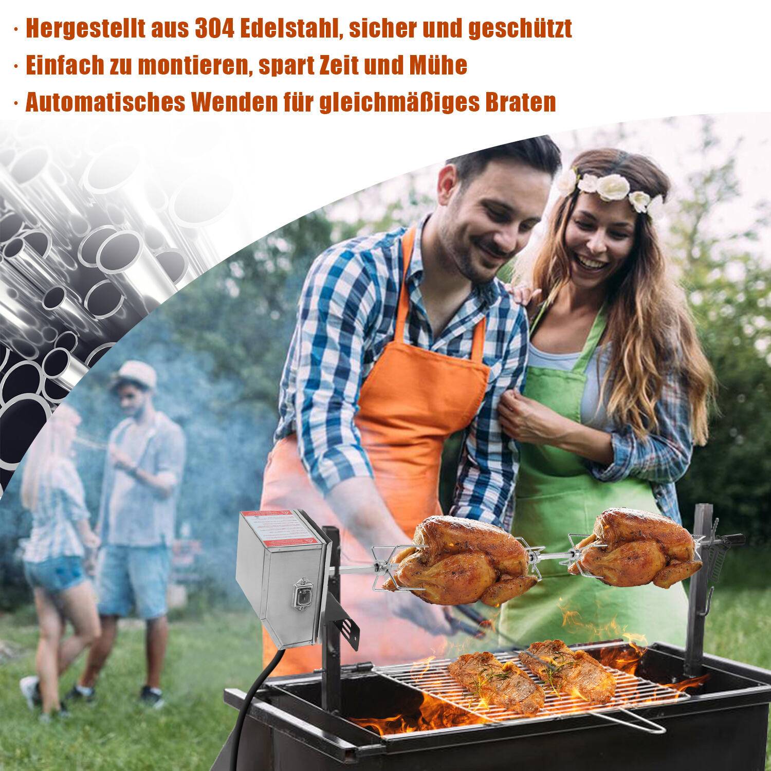 Edelstahl Grillspieß Grillspieße Set 117cm inkl. 4X Fleischnadeln und Edelstahl Motor 220V - 240V elektrischer drehspieß otisserie