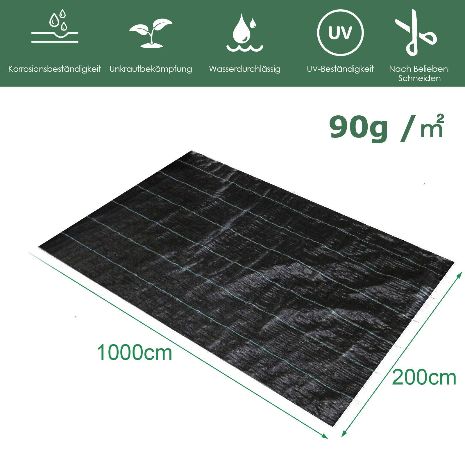 Unkrautvlies Gartenvlies 90g/m², Unkrautfolie 2m x 10m, Bodengewebe Mulchvlies, Schutz vor Wurzeln und Würmern, Schwarz, UV-beständig