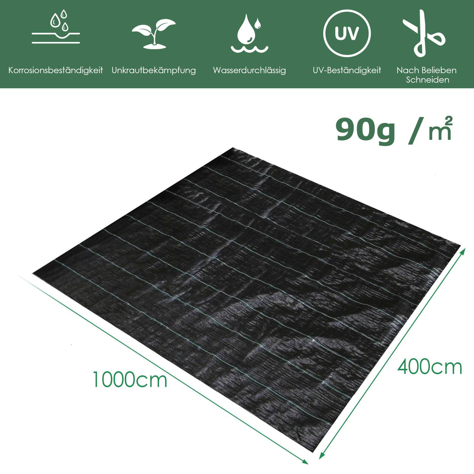 Unkrautvlies 90g/m², 4m x 10m Gartenvlies, Pflanzenschutz, wasserdurchlässig, Unkrautfolie Bodengewebe Mulchvlies Bändchengewebe