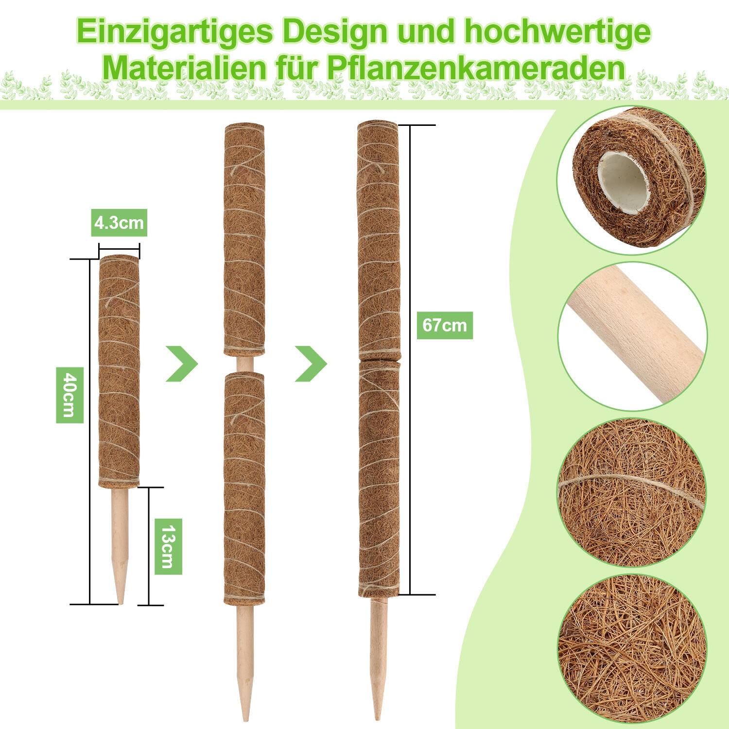 2x Kokos Pflanzstab 40cm Rankstab Moosstab Rankhilfe Kokosfaserstab Kokosstab verlängerbar Haus Garten