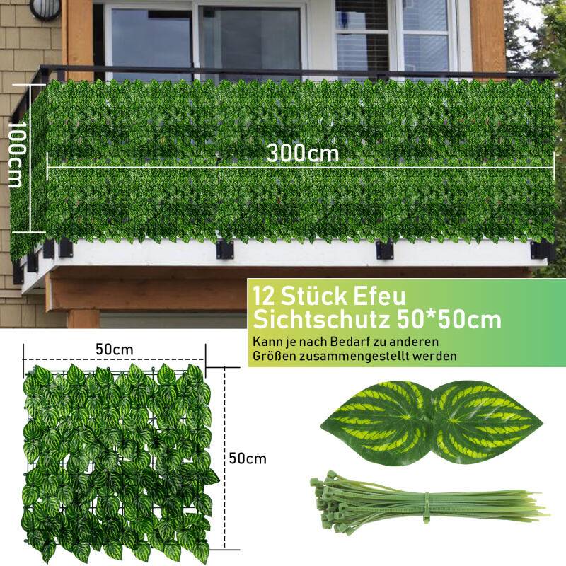 1*3M Sichtschutzhecke Windschutz Efeu Sichtschutz Balkonverkleidung Blätterzaun,Künstliche Hecke Sichtschutzhecke Pflanzen Hecke Wanddekoration,Wass