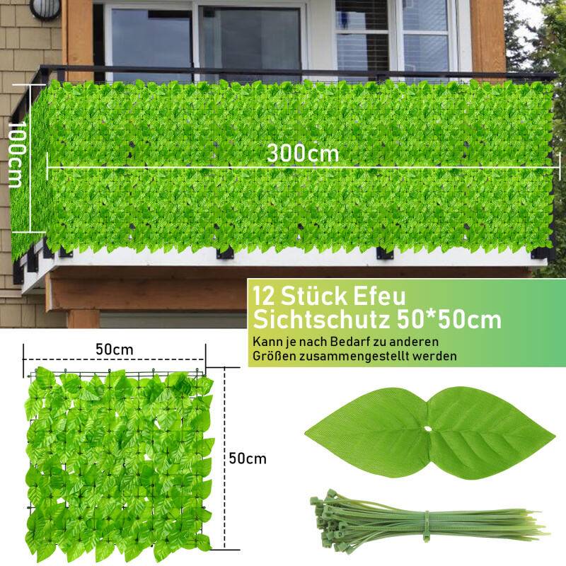 1*3M Sichtschutzhecke Windschutz Efeu Sichtschutz Balkonverkleidung Blätterzaun,Künstliche Hecke Sichtschutzhecke Pflanzen Hecke Wanddekoration,grü