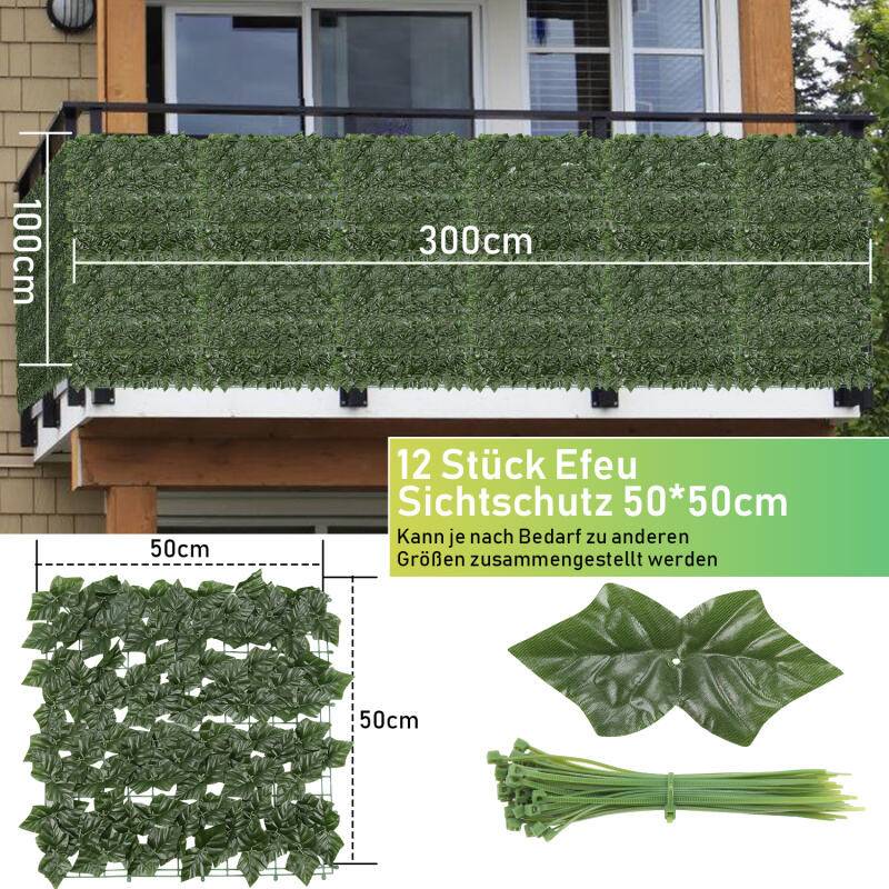 1*3M Sichtschutzhecke Windschutz Efeu Sichtschutz Balkonverkleidung Blätterzaun,Künstliche Hecke Sichtschutzhecke Pflanzen Hecke Wanddekoration,Dunk