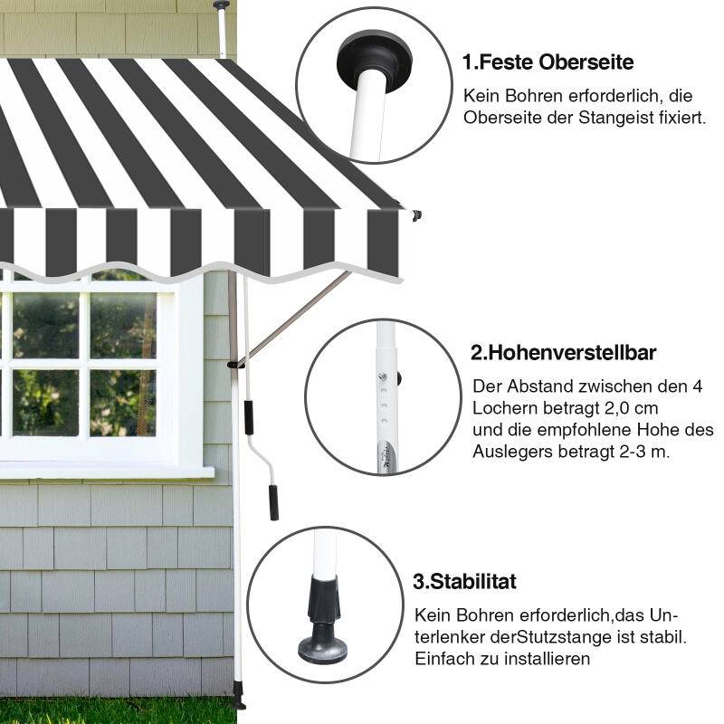 Klemmmarkise Markise ohne Bohren Höhenverstellbare Balkonmarkise Sonnenmarkise Balkon 250cm Weiß Grau