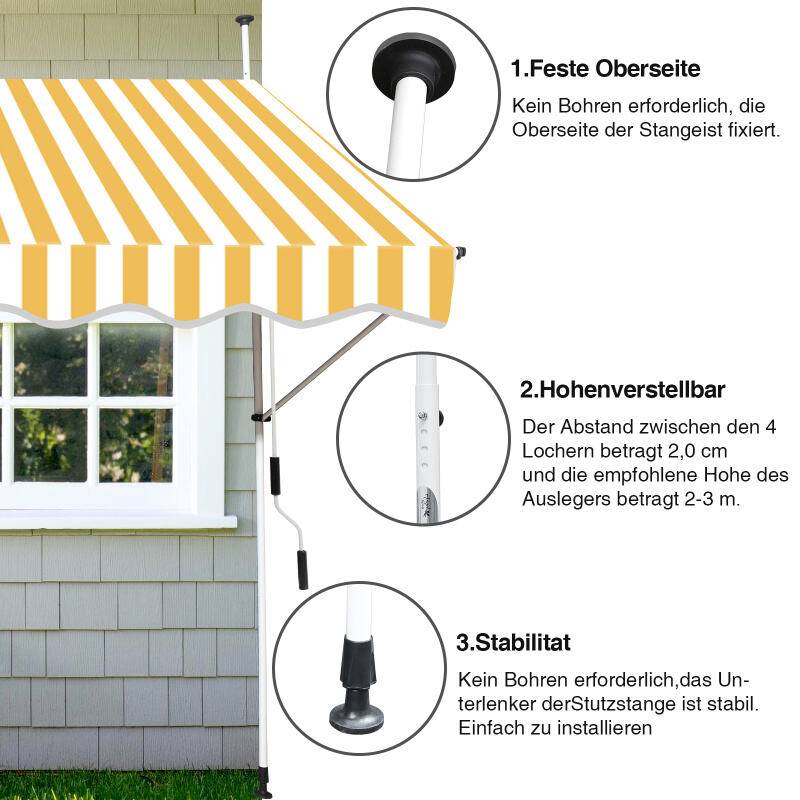 Klemmmarkise Markise ohne Bohren Höhenverstellbare Balkonmarkise Sonnenmarkise Balkon 300cm Weiß Gelb