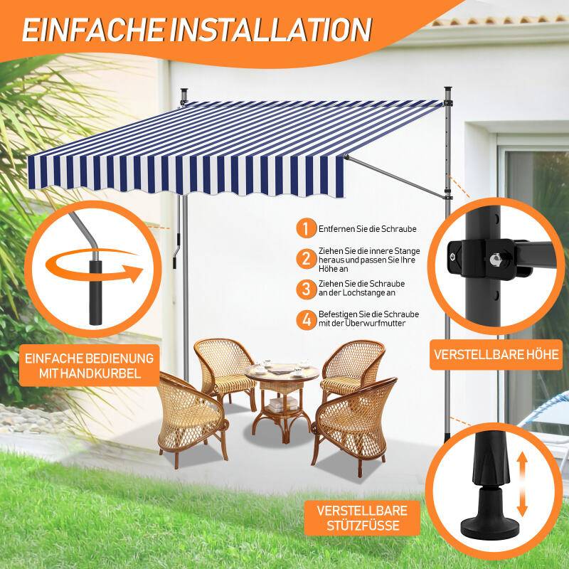 Markise Klemmmarkise Balkonmarkise ohne Bohren-höhenverstellbar Sonnenmarkise UV-beständig & wasserabweisend 250cm Weiß Blau