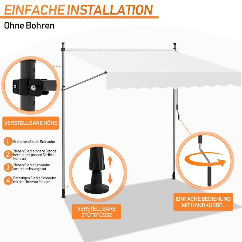 Markise Klemmmarkise Balkonmarkise ohne Bohren-höhenverstellbar Sonnenmarkise UV-beständig & wasserabweisend 400cm Creme