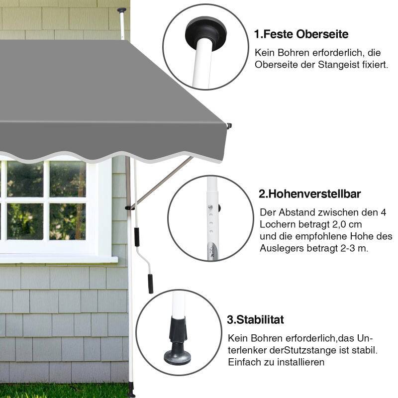 Markise Klemmmarkise Balkonmarkise ohne Bohren-höhenverstellbar Sonnenmarkise UV-beständig & wasserabweisend 200cm Grau