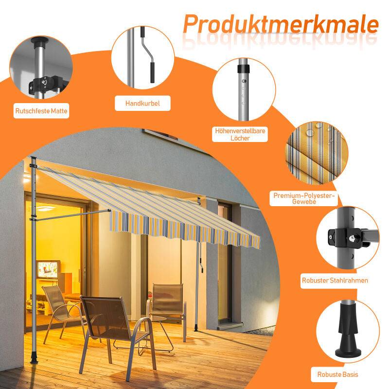 Markise Klemmmarkise Balkonmarkise ohne Bohren-höhenverstellbar Sonnenmarkise UV-beständig & wasserabweisend 250cm Gelb Blau