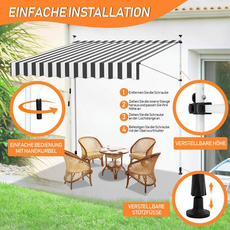Markise Handkurbel Klemmmarkise Sonnenschutz Fenstermarkise Sonnenmarkise Einziehbare Wasserabweisend Markisen Weiß und Grau 2M
