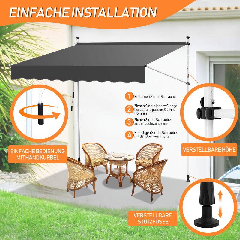 Markise Handkurbel Klemmmarkise Sonnenschutz Fenstermarkise Sonnenmarkise Einziehbare Wasserabweisend Markisen Grau 3M