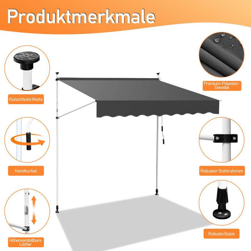 Markise Handkurbel Klemmmarkise Sonnenschutz Fenstermarkise Sonnenmarkise Einziehbare Wasserabweisend Markisen Grau 2M