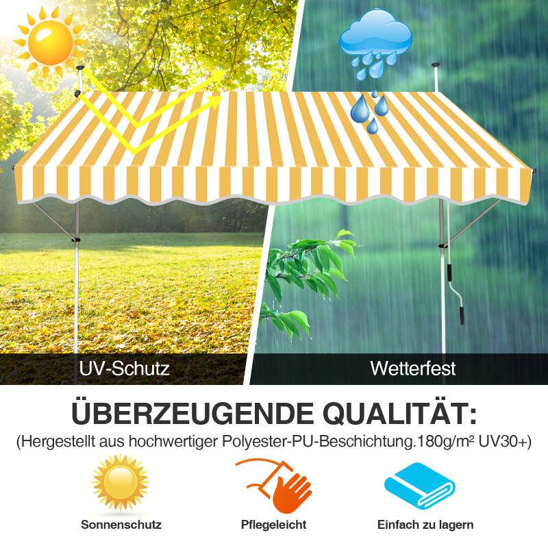 Markise Handkurbel Klemmmarkise Sonnenschutz Fenstermarkise Sonnenmarkise Einziehbare Wasserabweisend Markisen Gelb und Weiß 2M