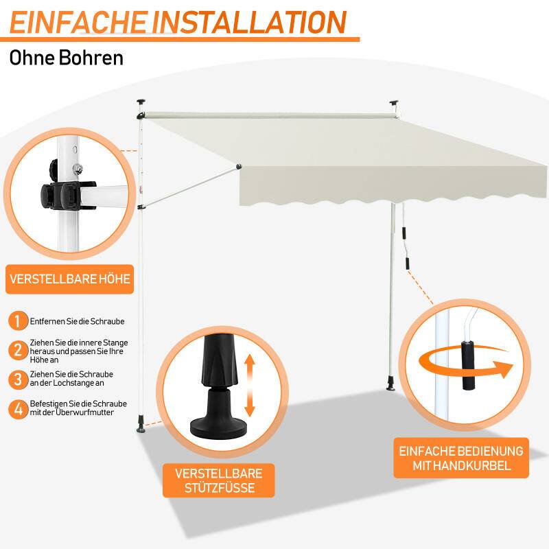 Markise Handkurbel Klemmmarkise Sonnenschutz Fenstermarkise Sonnenmarkise Einziehbare Wasserabweisend Markisen Creme 4M