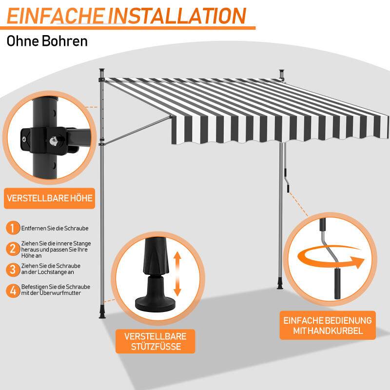 Markise Handkurbel Klemmmarkise Sonnenschutz Fenstermarkise Sonnenmarkise Einziehbare Wasserabweisend Markisen Weiß und Grau 3.5M