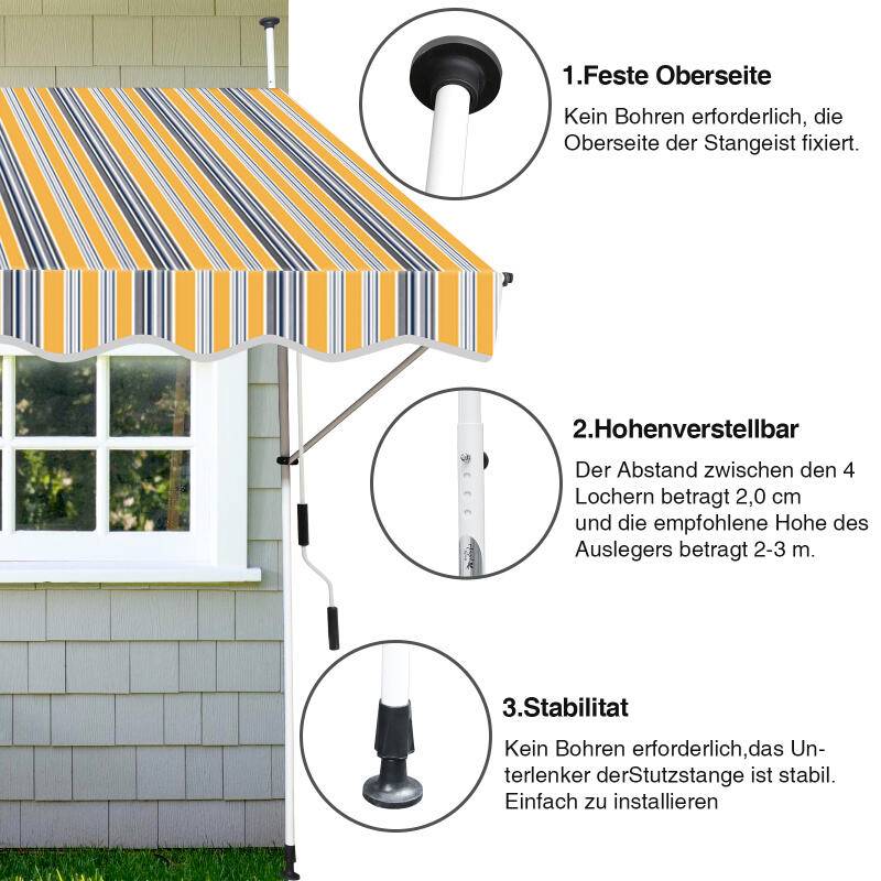 Markise Klemmmarkise Höhenverstellbare Balkonmarkise Sonnenschutz Markise ohne Bohren für Terrasse Balkon 350cm Gelb Blau