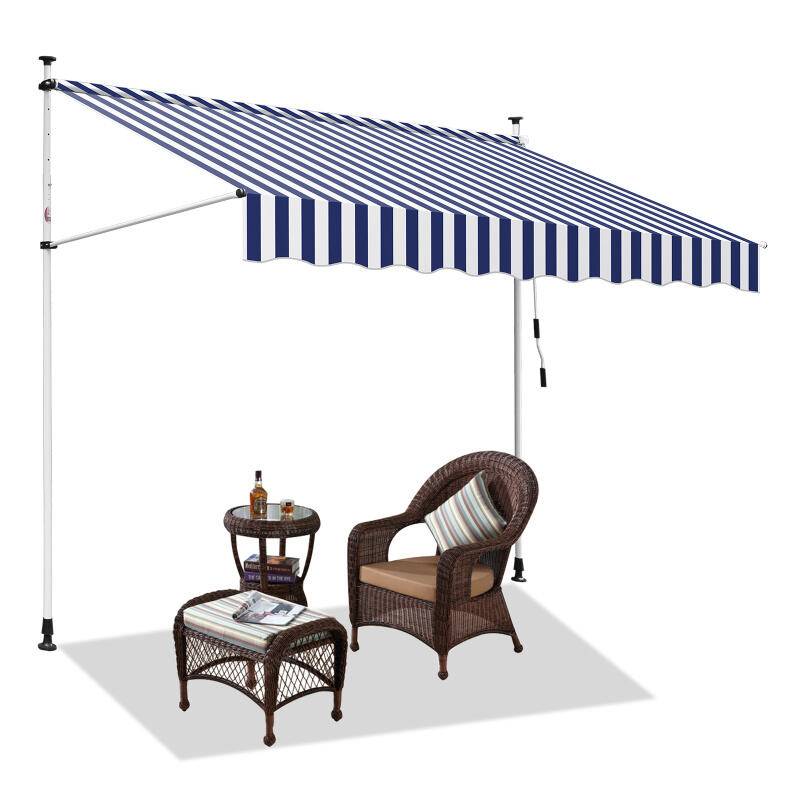 Markise Klemmmarkise Höhenverstellbare Balkonmarkise Sonnenschutz Markise ohne Bohren für Terrasse Balkon 300cm Weiß Blau