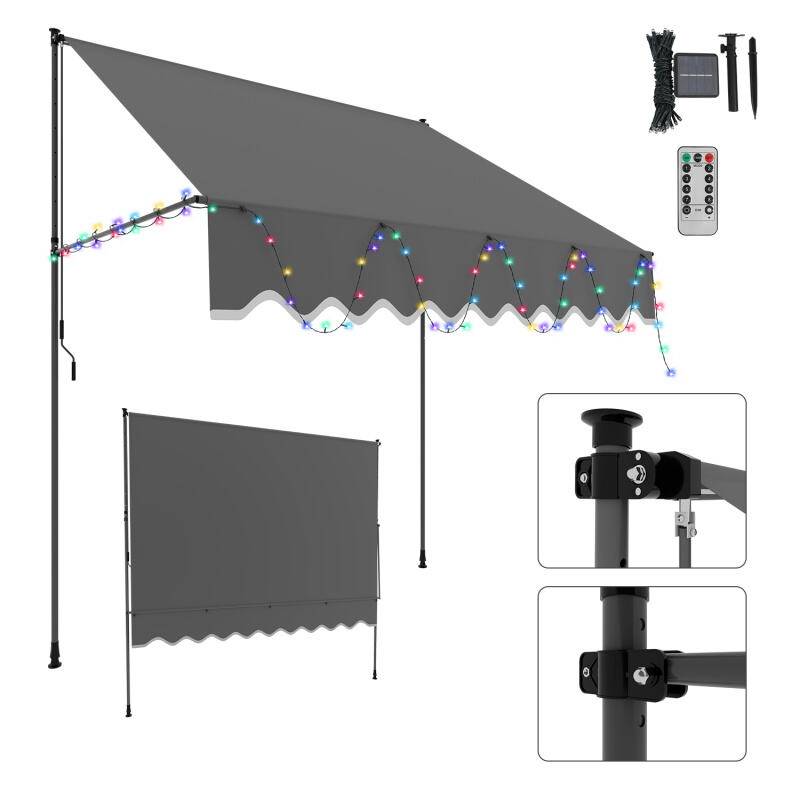 Markise Handkurbel Klemmmarkise Sonnenschutz Fenstermarkise Sonnenmarkise Einziehbare Wasserabweisend Markisen mit LED Grau 2M