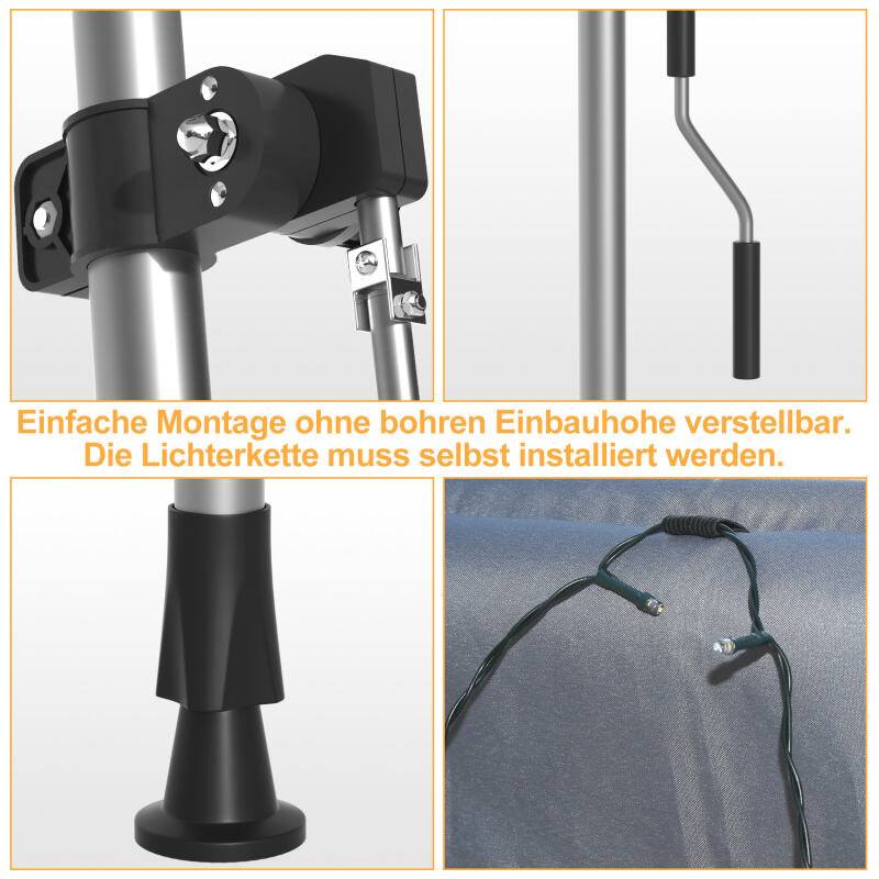 Markise Handkurbel Klemmmarkise Sonnenschutz Fenstermarkise Sonnenmarkise Einziehbare Wasserabweisend Markisen mit LED Grau 2M