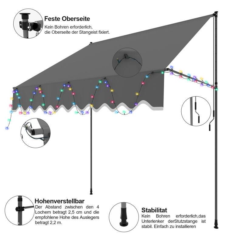 Markise Handkurbel Klemmmarkise Sonnenschutz Fenstermarkise Sonnenmarkise Einziehbare Wasserabweisend Markisen mit LED Grau 2M