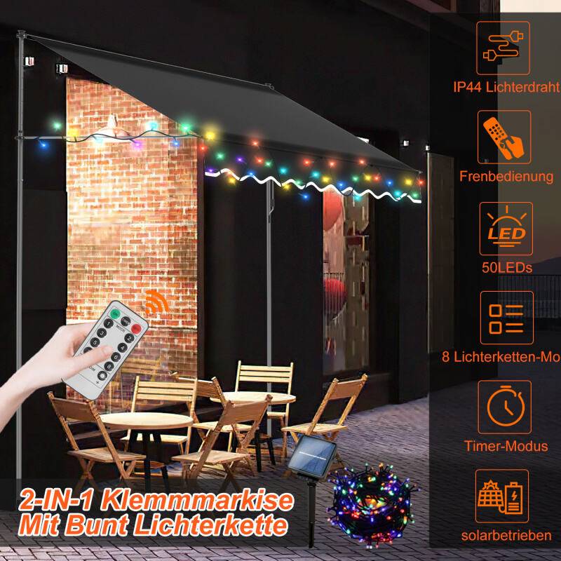 Markise Handkurbel Klemmmarkise Sonnenschutz Fenstermarkise Sonnenmarkise Einziehbare Wasserabweisend Markisen mit LED Grau 4M