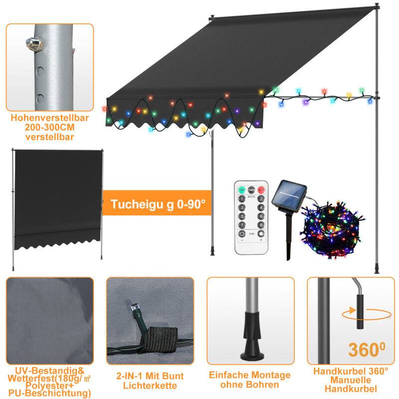 Markise Handkurbel Klemmmarkise Sonnenschutz Fenstermarkise Sonnenmarkise Einziehbare Wasserabweisend Markisen mit LED Grau 4M