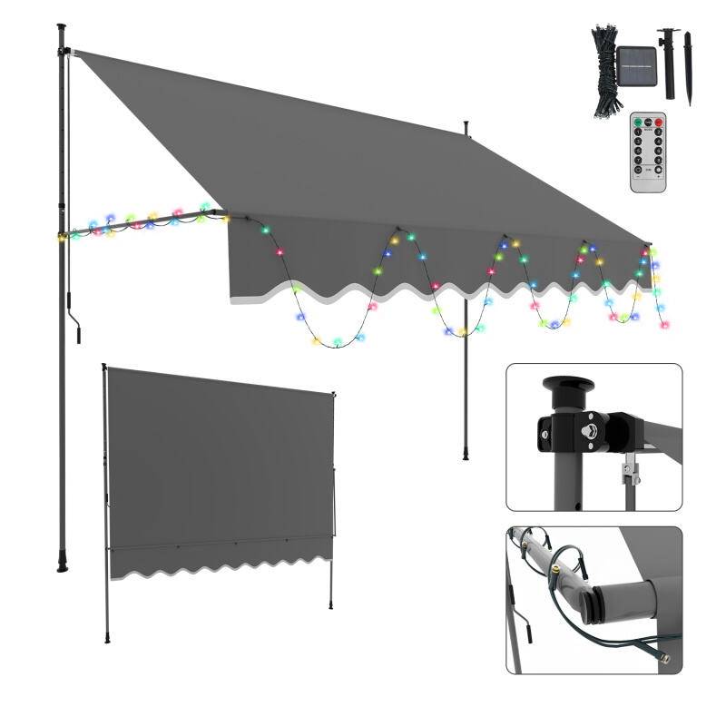 Markise Handkurbel Klemmmarkise Sonnenschutz Fenstermarkise Sonnenmarkise Einziehbare Wasserabweisend mit LED Markisen Grau 3M