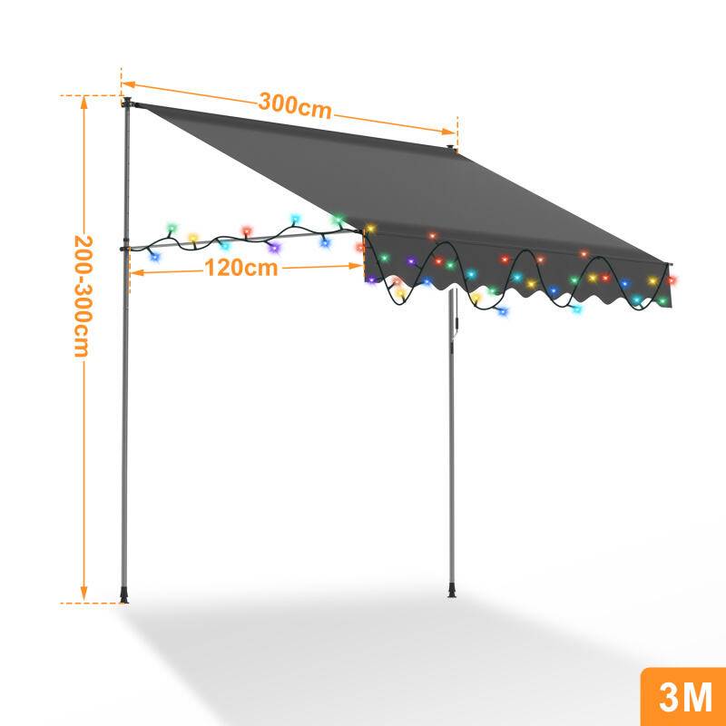 Markise Handkurbel Klemmmarkise Sonnenschutz Fenstermarkise Sonnenmarkise Einziehbare Wasserabweisend mit LED Markisen Grau 3M