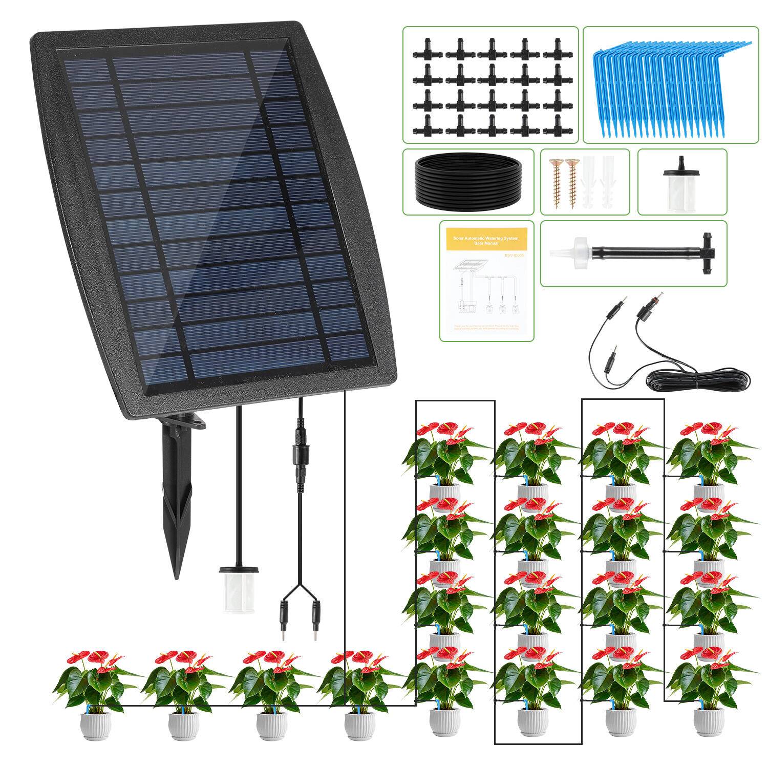 Solar Bewässerungssystem Automatische Tröpfchenbewässerung system Bewässerungssystem Garten mit 12 Timer-Modi +20m Schlauch für Garten Balkon Pfl