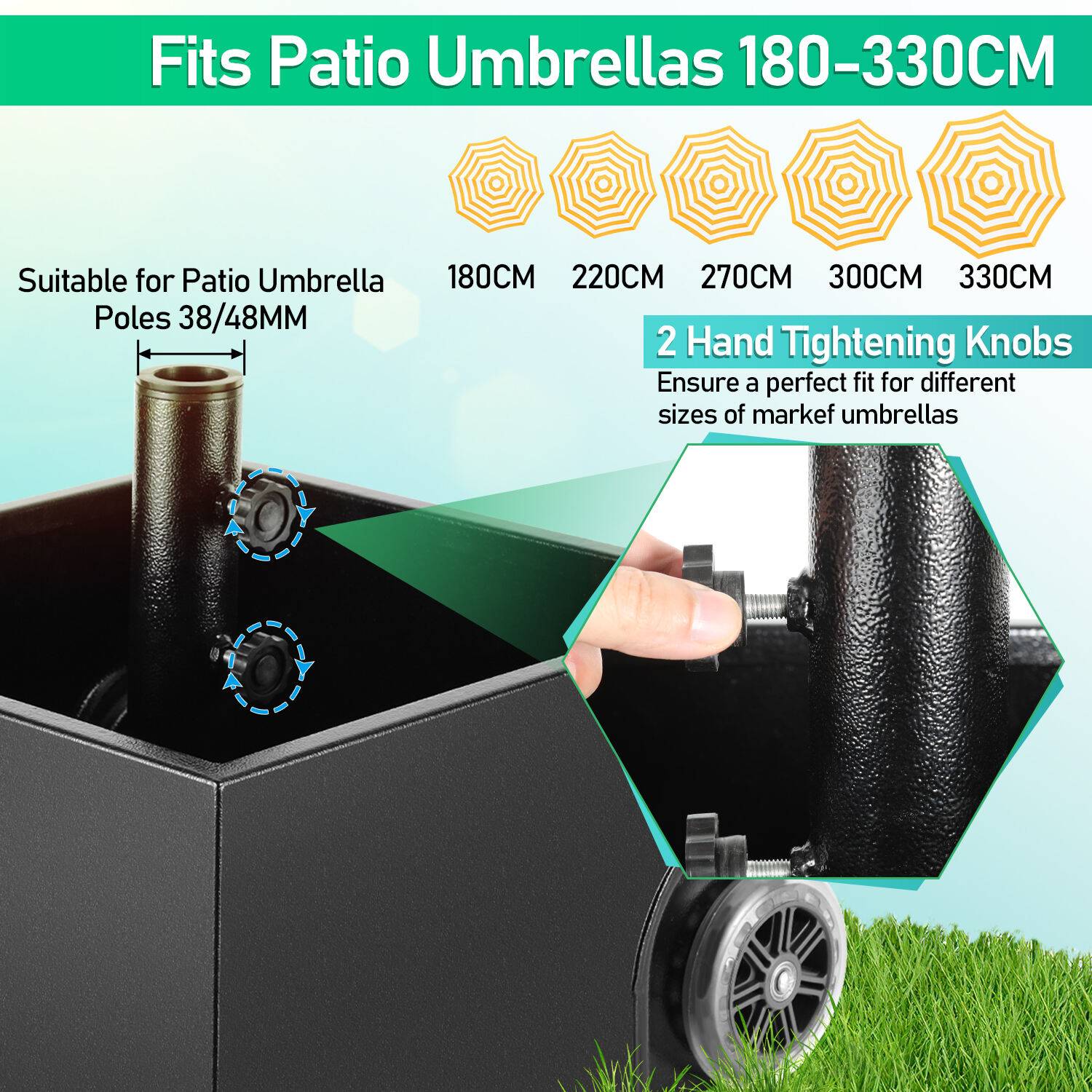 Sonnenschirmständer mit Edelstahlrohr, Hochwertiger Schirmständer Sockel Schwer bis 150lb - für Schirmstöcke 38-48 mm Durchmesser