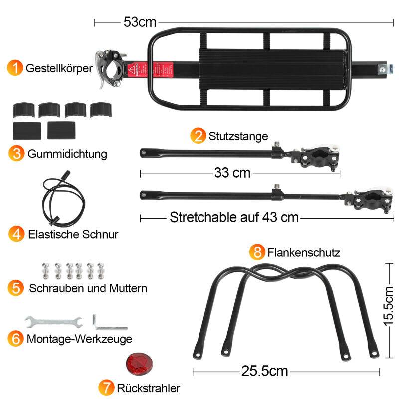 Fahrrad Gepäckträger Aluminiumlegierung, mit Reflektor- verstellbar für 24 - 29 Zoll Fahrräder, inkl. Schutzblech, belastbar bis maximal 50 kg
