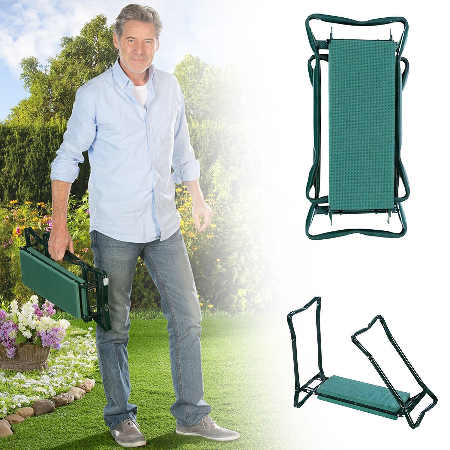 Klappbare 2 in 1 Kniebank als Hocker oder Kniekissen für Gartenarbeit bis 150kg inklusive praktischer Werkzeugtasche, Grün