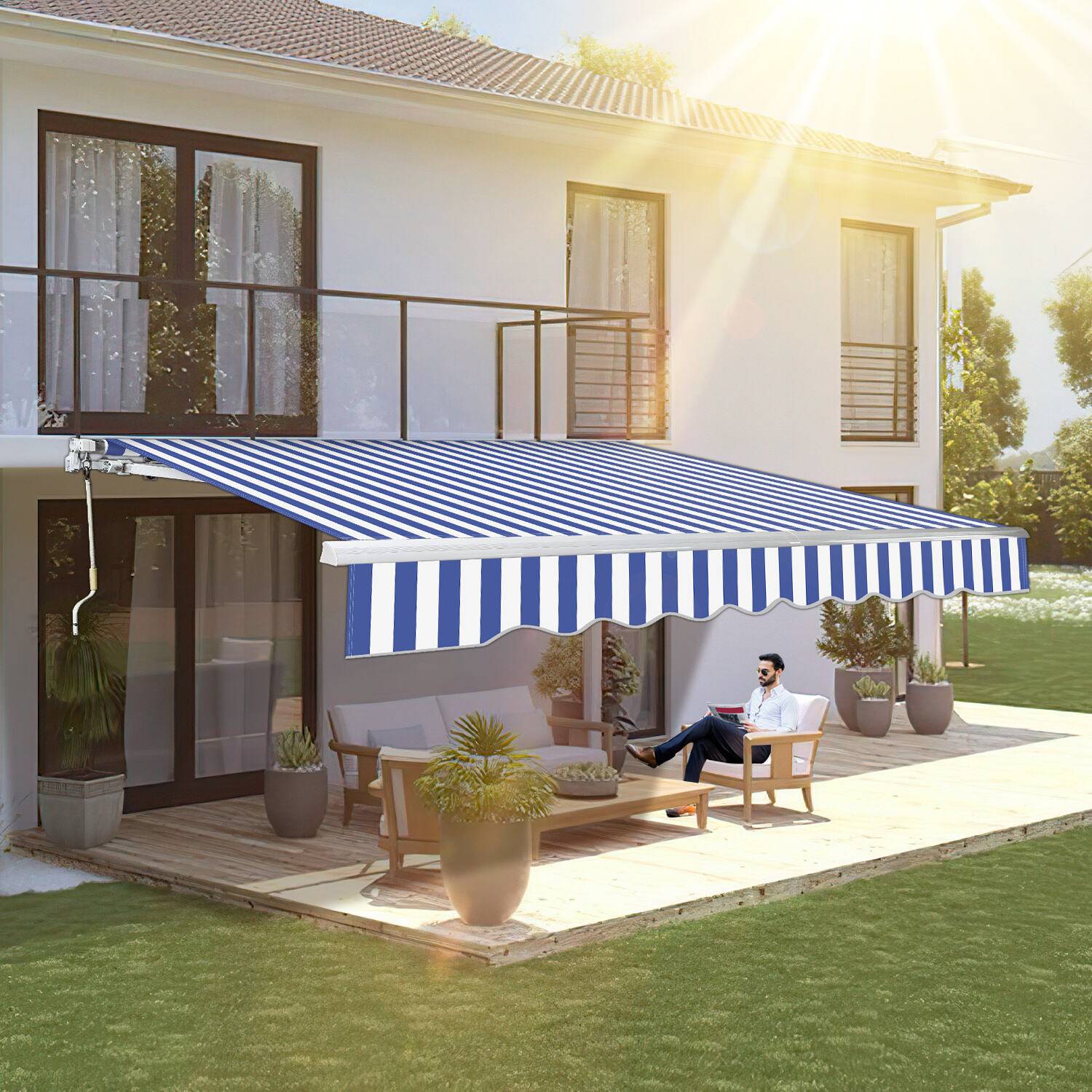 Gelenkarmmarkise 250x200cm einziehbare Sonnenmarkise Markise Sonnenschutz Balkonmarkise Gelenkarmmarkise Gelenkarm Sonnenschutz Blau / Weiß