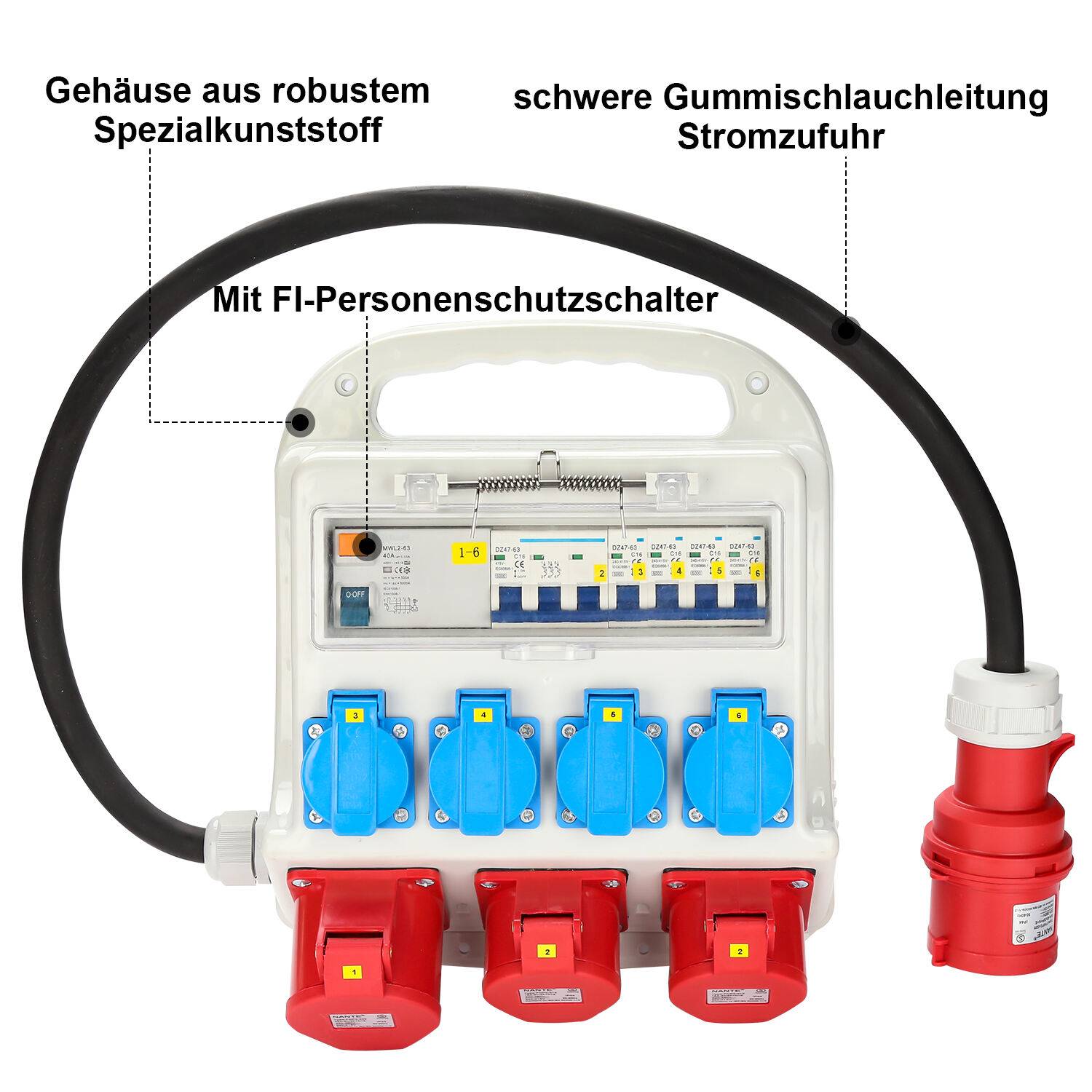 Stromverteiler Baustromverteiler Verteiler CEE Kraftstrom Steckdose IP44 für Baustelle 2x400V-16A 1x400V-32A 4x230V Schuko(RCCB)