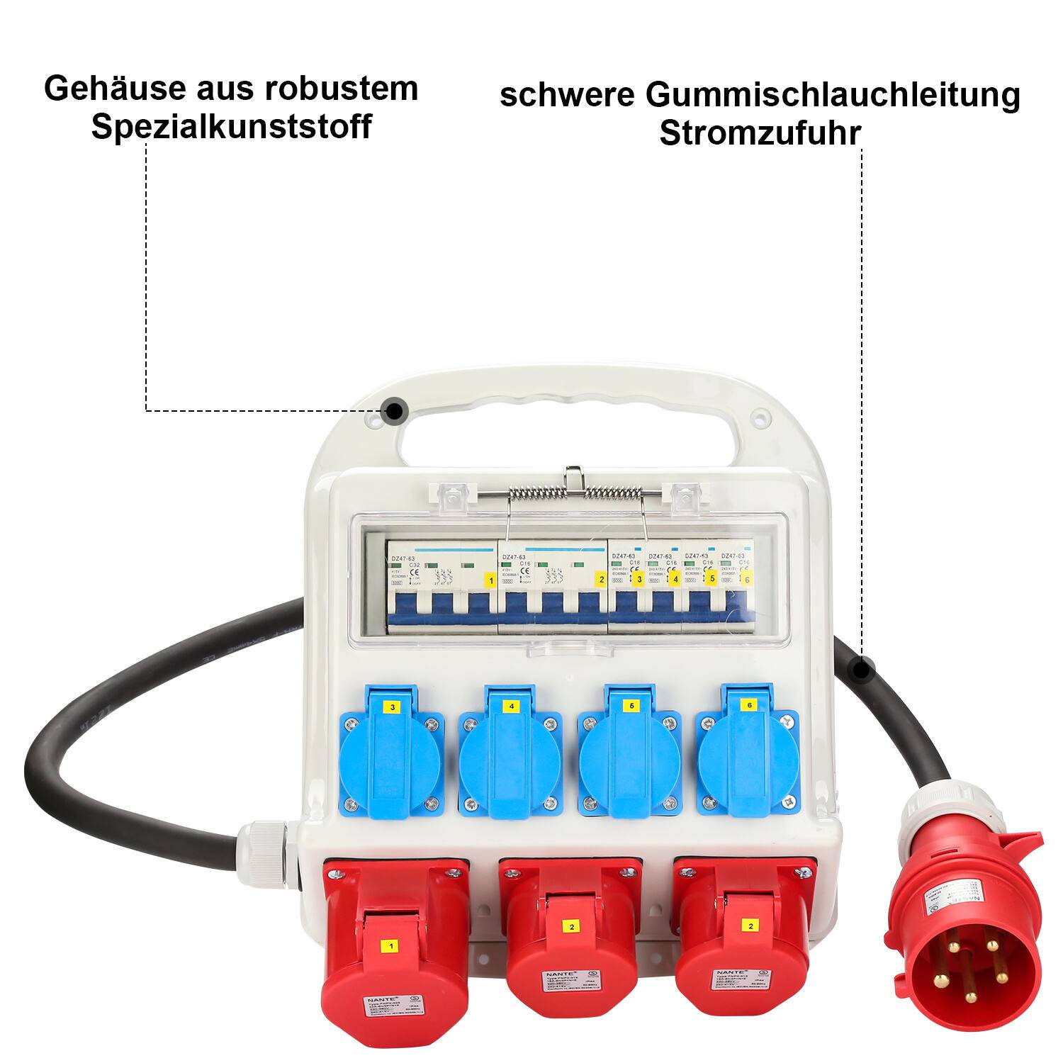 Stromverteiler Baustromverteiler Verteiler CEE Kraftstrom Steckdose IP44 für Baustelle 2x400V-16A 1x400V-32A 4x230V Schuko