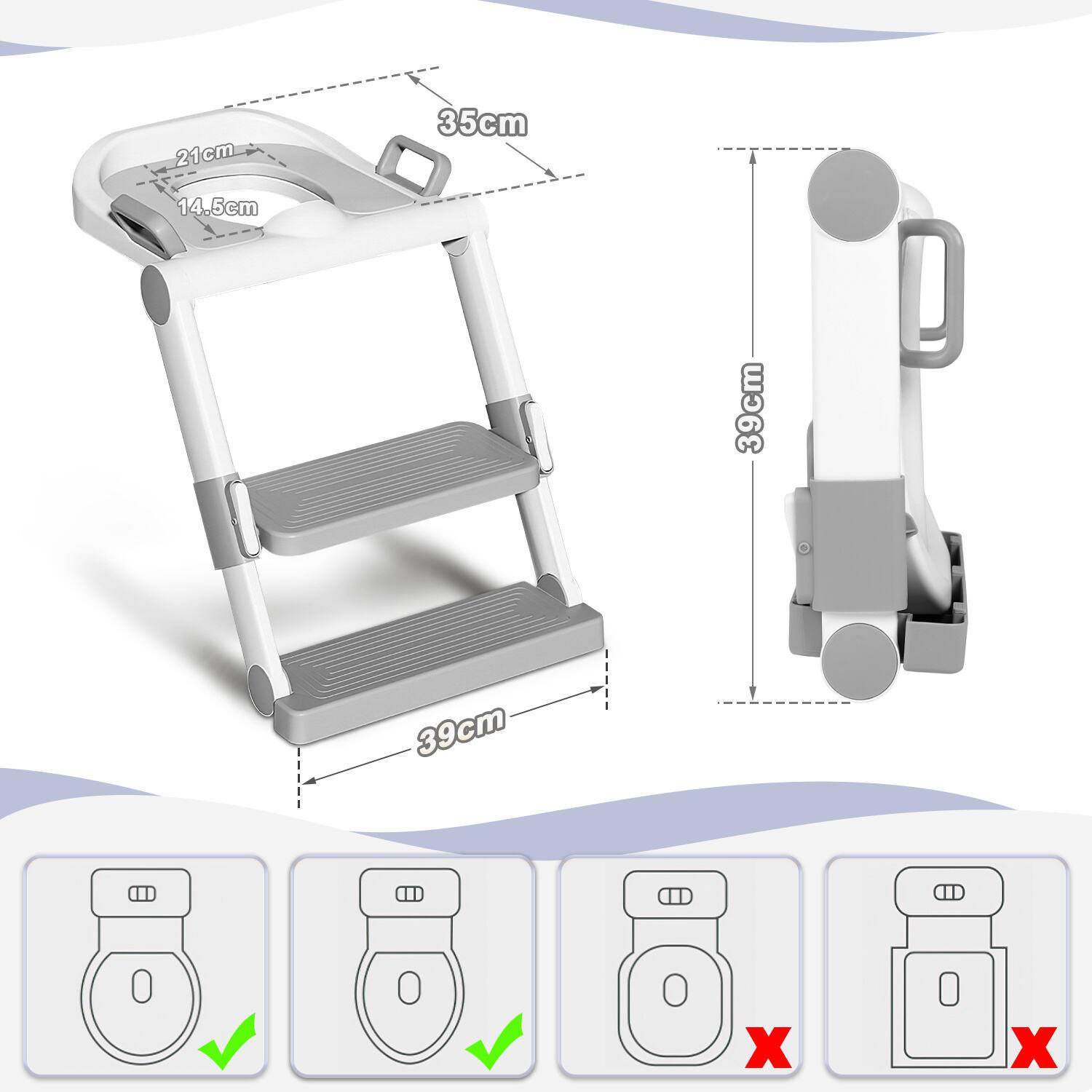 Toilettentrainer Lerntöpfchen mit Treppe Justierbarer für Kinder Töpfchen Toilettensitz Rutschfest Grau