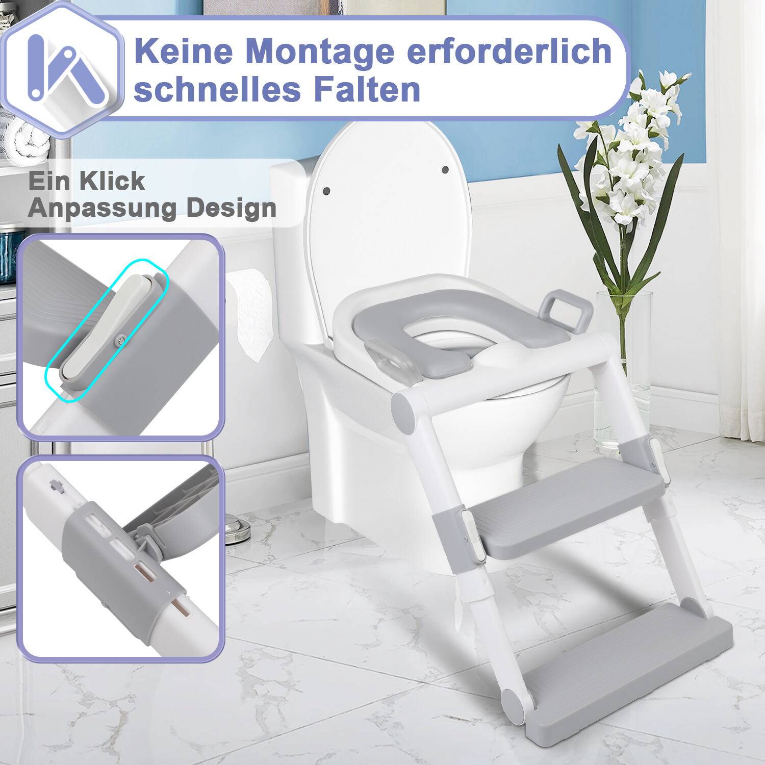 Toilettentrainer Lerntöpfchen mit Treppe Justierbarer für Kinder Töpfchen Toilettensitz Rutschfest Grau