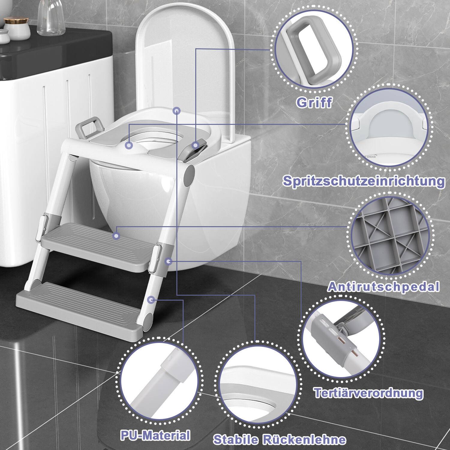 Toilettentrainer Lerntöpfchen mit Treppe Justierbarer für Kinder Töpfchen Toilettensitz Rutschfest Töpfchentrainer Grau