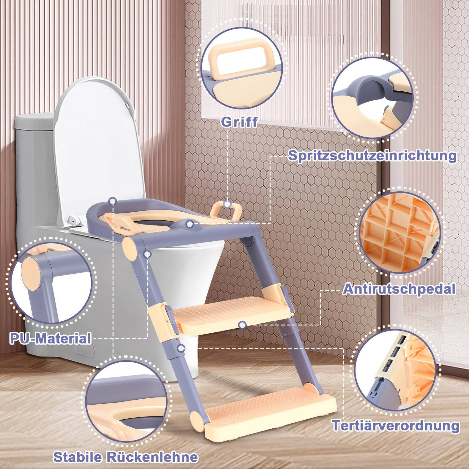 Toilettentrainer Lerntöpfchen mit Treppe Justierbarer für Kinder Töpfchen Toilettensitz Rutschfest Töpfchentrainer lila