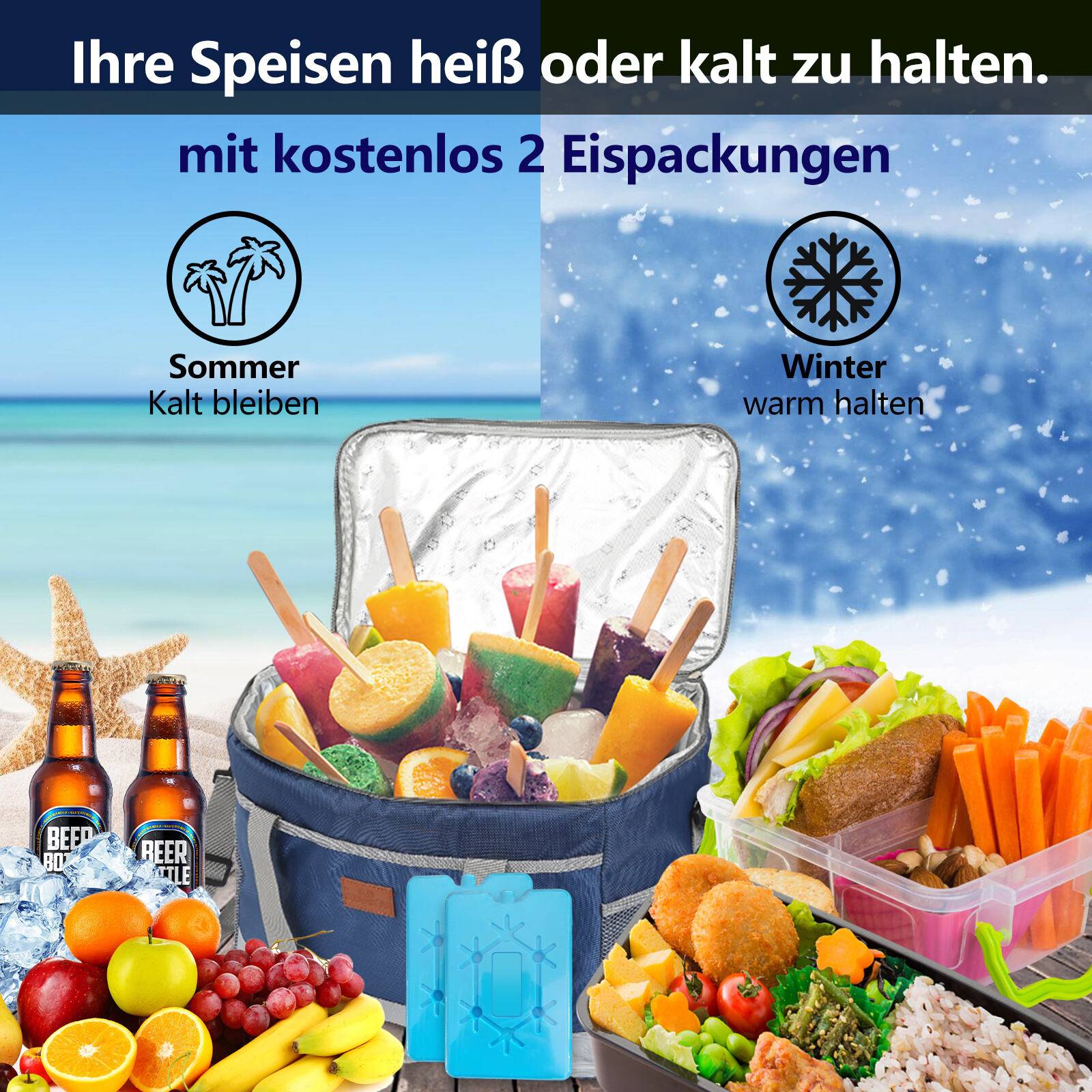 15 Liter Kühltasche Isoliertasche Faltbar Thermotasche Picknicktasche Kühlbox mit 2er-Set Kühlakkus Kühlelemente Blau