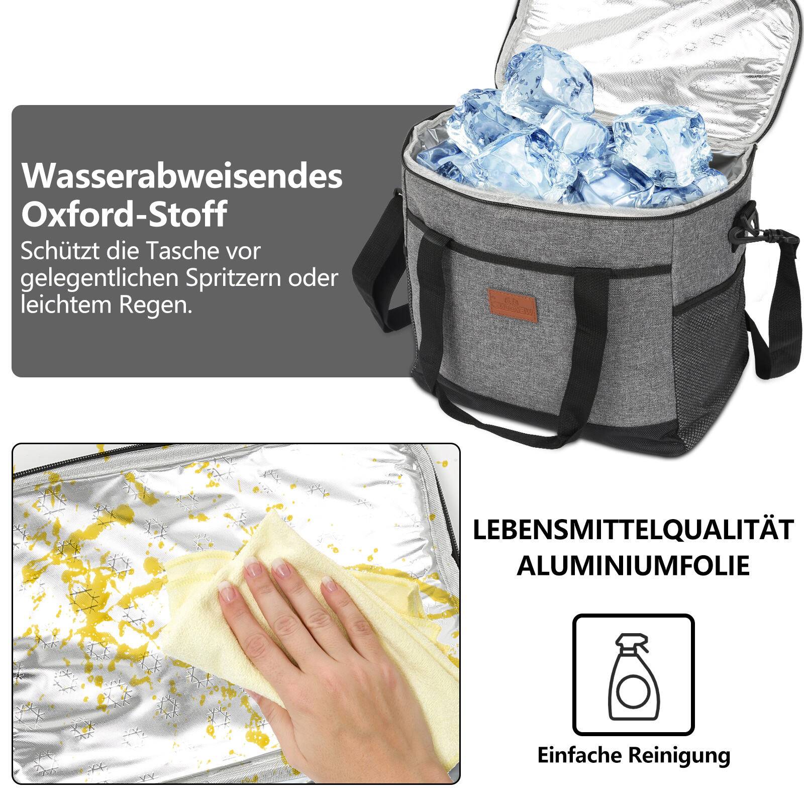 33 Liter Kühltasche Isoliertasche Faltbar Thermotasche Picknicktasche Kühlbox mit 2er-Set Kühlakkus Kühlelemente Grau