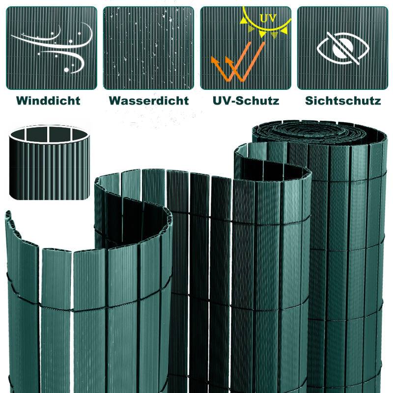 120x600cm Sichtschutzmatte PVC Bambus Sichtschutz Garten Sichtschutzzaun Balkon Zaun Windschutz Balkonverkleidung, Grün